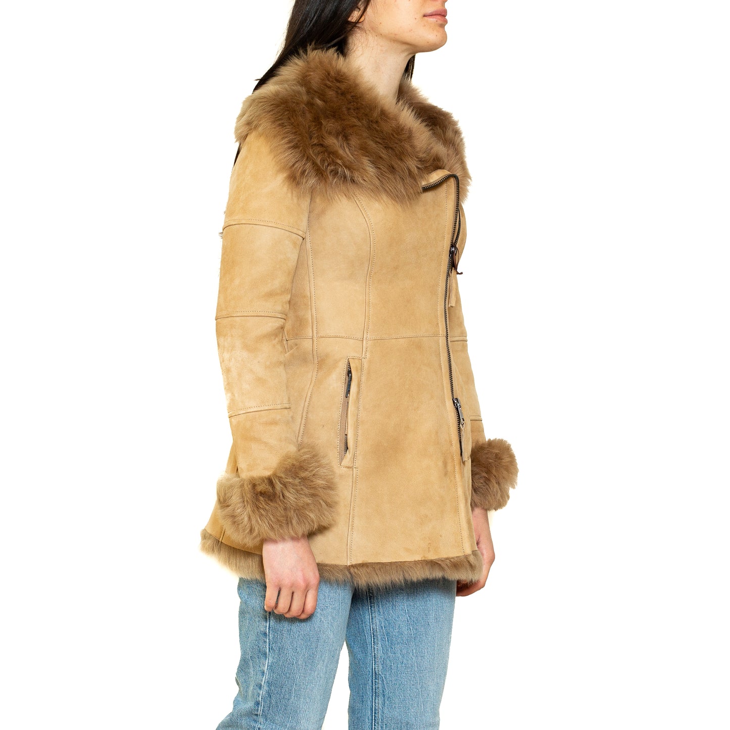 Women's Original Shearling Sheepskin Coat Suede - "Noemi"
